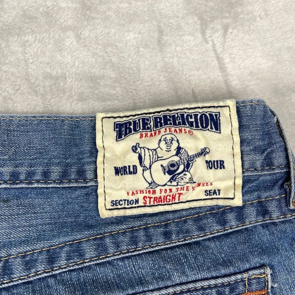 True Religion Straight Leg Jeans Mens 40x32 Blue Medium Wash Distressed Y2K